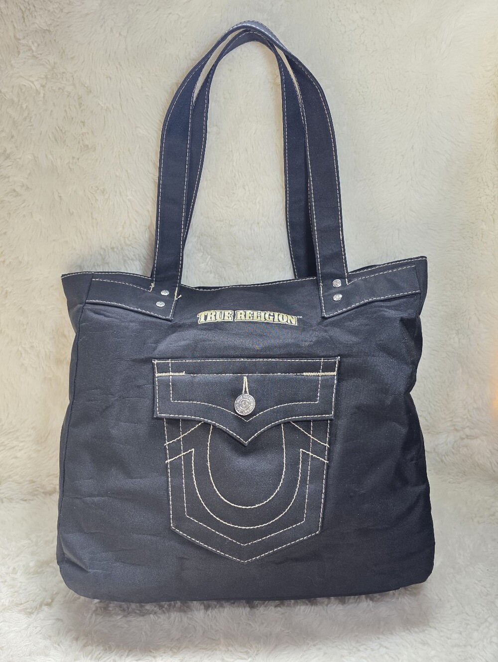 True Religion Black Canvas Horseshoe Pocket Tote Bag Y2K Shoulder Purse